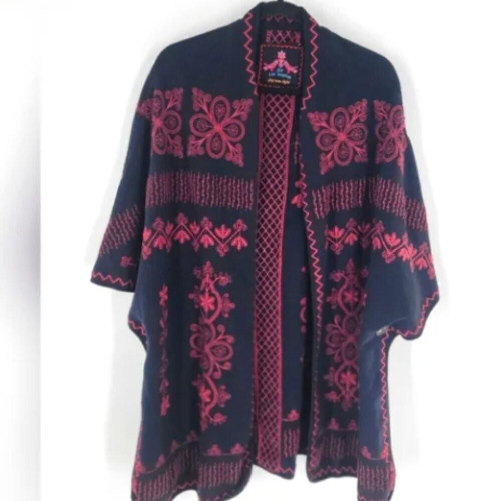 Johnny Was Embroidered Open Front Kimono Black Fuchsia Bohemian Cotton Cardigan